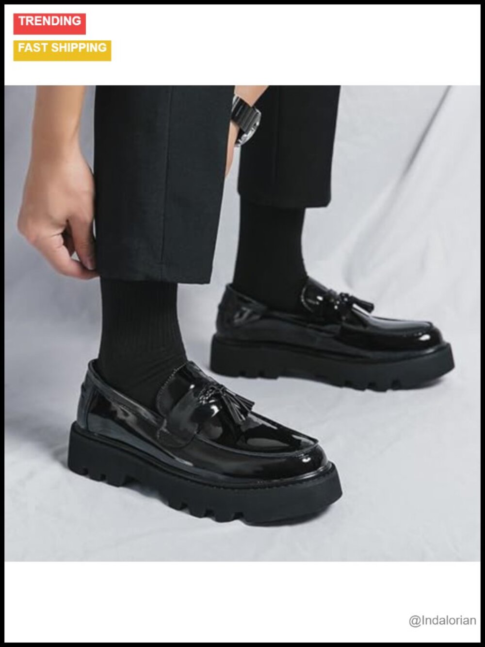 Men's Patent Leather Platform Slip-On Loafers with Tassels, Non-Slip Lug Sole, - Picture 2 of 6